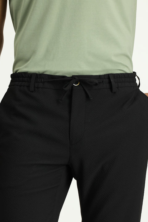Siyah 7 Drop Super Slim Fit Eksra Dar Kesim Beli Lastikli İpli Gofre Likralı Klasik Kumaş Pantolon