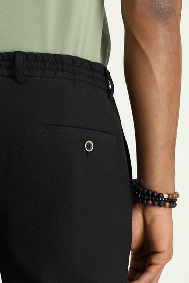 Siyah Super Slim Fit Ekstra Dar Kesim Beli Lastikli İpli Gofre Likralı Klasik Kumaş Pantolon