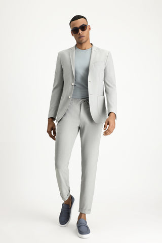  Açık Gri Super Slim Fit Ekstra Dar Kesim Beli Lastikli İpli Gofre Likralı Klasik Kumaş Pantolon