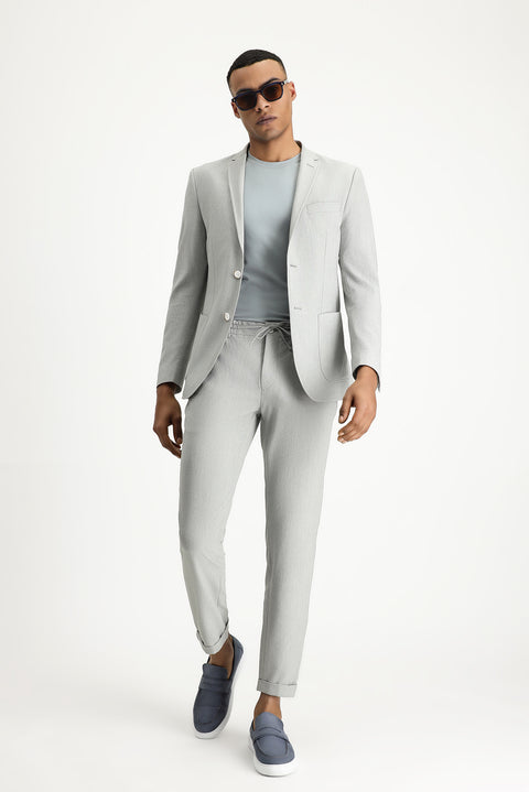 Açık Gri 7 Drop Super Slim Fit Eksra Dar Kesim Beli Lastikli İpli Gofre Likralı Klasik Kumaş Pantolon