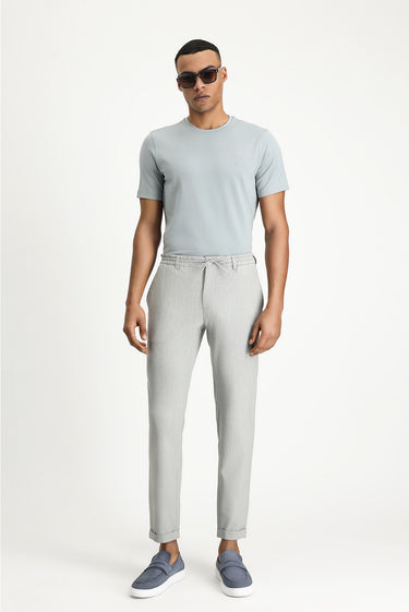  Açık Gri Super Slim Fit Ekstra Dar Kesim Beli Lastikli İpli Gofre Likralı Klasik Kumaş Pantolon