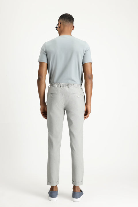 Açık Gri 7 Drop Super Slim Fit Eksra Dar Kesim Beli Lastikli İpli Gofre Likralı Klasik Kumaş Pantolon