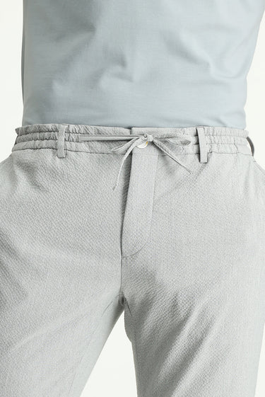 Açık Gri Super Slim Fit Ekstra Dar Kesim Beli Lastikli İpli Gofre Likralı Klasik Kumaş Pantolon