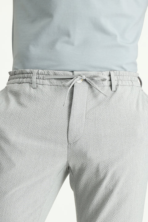 Açık Gri 7 Drop Super Slim Fit Eksra Dar Kesim Beli Lastikli İpli Gofre Likralı Klasik Kumaş Pantolon