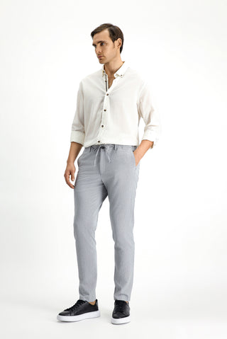  Bulut Gri 7 Drop Super Slim Fit Eksra Dar Kesim Beli Lastikli İpli Gofre Likralı Klasik Kumaş Pantolon