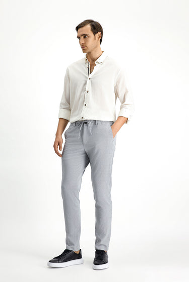 Bulut Gri Super Slim Fit Ekstra Dar Kesim Beli Lastikli İpli Gofre Likralı Klasik Kumaş Pantolon