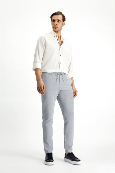 Bulut Gri Super Slim Fit Ekstra Dar Kesim Beli Lastikli İpli Gofre Likralı Klasik Kumaş Pantolon