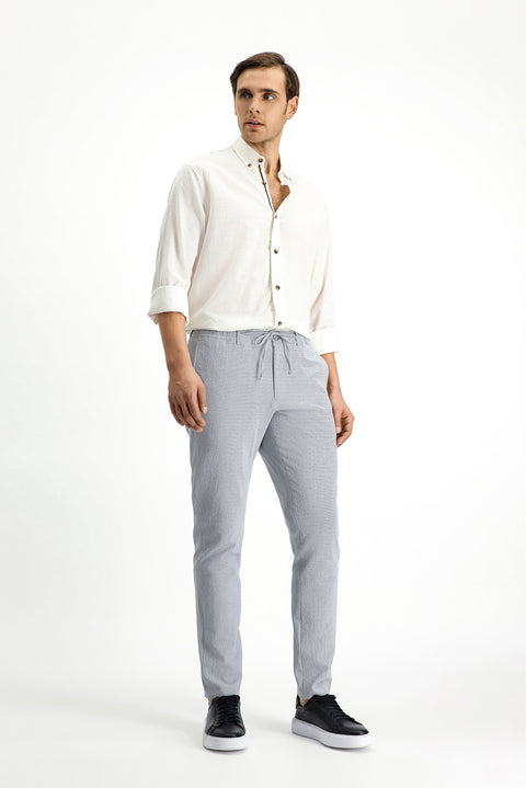 Bulut Gri 7 Drop Super Slim Fit Eksra Dar Kesim Beli Lastikli İpli Gofre Likralı Klasik Kumaş Pantolon