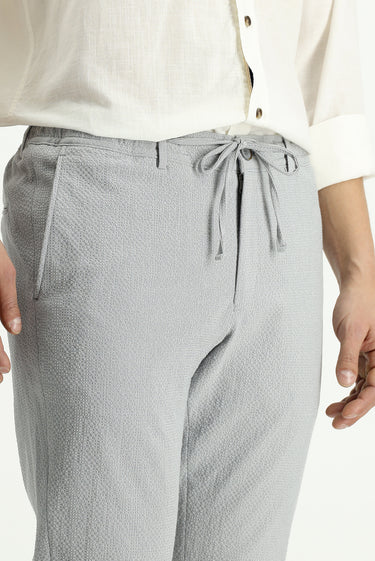 Bulut Gri Super Slim Fit Ekstra Dar Kesim Beli Lastikli İpli Gofre Likralı Klasik Kumaş Pantolon
