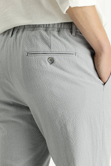 Bulut Gri Super Slim Fit Ekstra Dar Kesim Beli Lastikli İpli Gofre Likralı Klasik Kumaş Pantolon