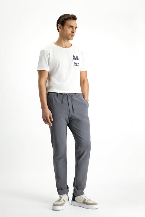 Koyu Füme 7 Drop Super Slim Fit Eksra Dar Kesim Beli Lastikli İpli Gofre Likralı Klasik Kumaş Pantolon