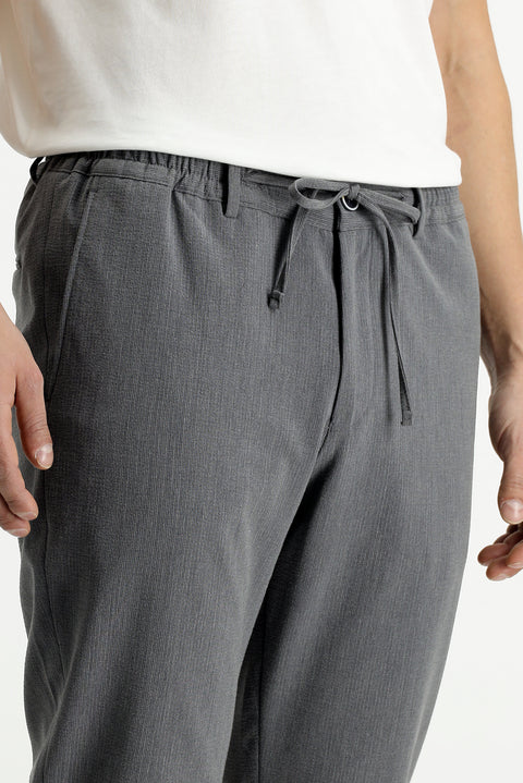 Koyu Füme 7 Drop Super Slim Fit Eksra Dar Kesim Beli Lastikli İpli Gofre Likralı Klasik Kumaş Pantolon