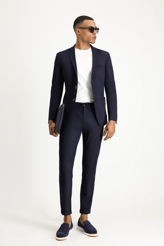  Koyu Lacivert Super Slim Fit Ekstra Dar Kesim Beli Lastikli İpli Gofre Likralı Klasik Kumaş Pantolon