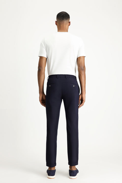 Koyu Lacivert 7 Drop Super Slim Fit Eksra Dar Kesim Beli Lastikli İpli Gofre Likralı Klasik Kumaş Pantolon