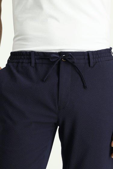 Koyu Lacivert Super Slim Fit Ekstra Dar Kesim Beli Lastikli İpli Gofre Likralı Klasik Kumaş Pantolon