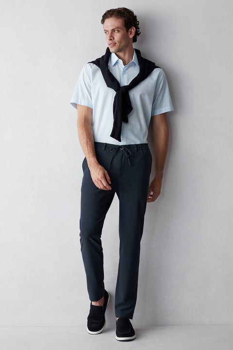 Black Navy 7 Drop Super Slim Fit Extra Narrow Cut Elastic Waist Drawstring Wavy Lycra Classic Fabric Trousers