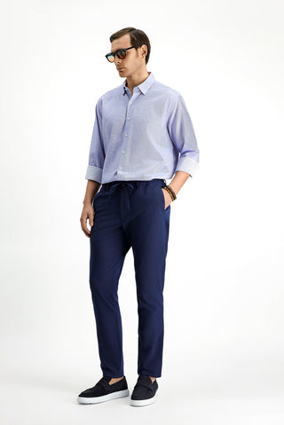  Lacivert Super Slim Fit Ekstra Dar Kesim Beli Lastikli İpli Gofre Likralı Klasik Kumaş Pantolon