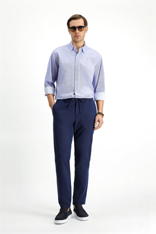  Lacivert Super Slim Fit Ekstra Dar Kesim Beli Lastikli İpli Gofre Likralı Klasik Kumaş Pantolon