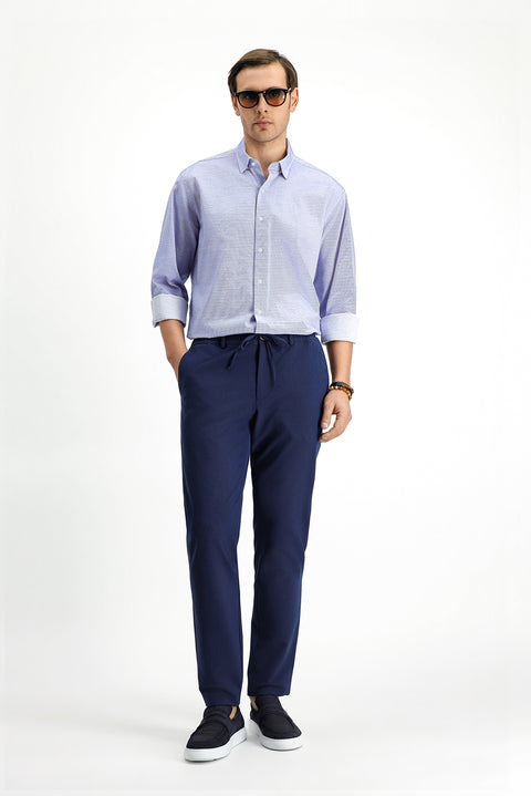 Lacivert 7 Drop Super Slim Fit Eksra Dar Kesim Beli Lastikli İpli Gofre Likralı Klasik Kumaş Pantolon