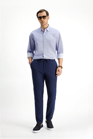  Lacivert Super Slim Fit Ekstra Dar Kesim Beli Lastikli İpli Gofre Likralı Klasik Kumaş Pantolon