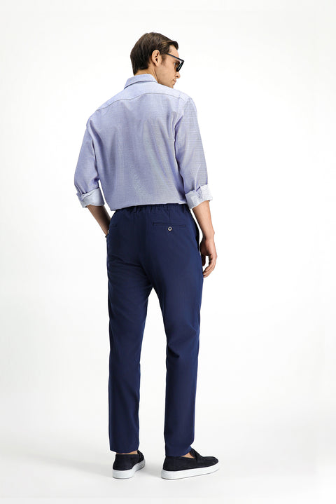 Lacivert 7 Drop Super Slim Fit Eksra Dar Kesim Beli Lastikli İpli Gofre Likralı Klasik Kumaş Pantolon