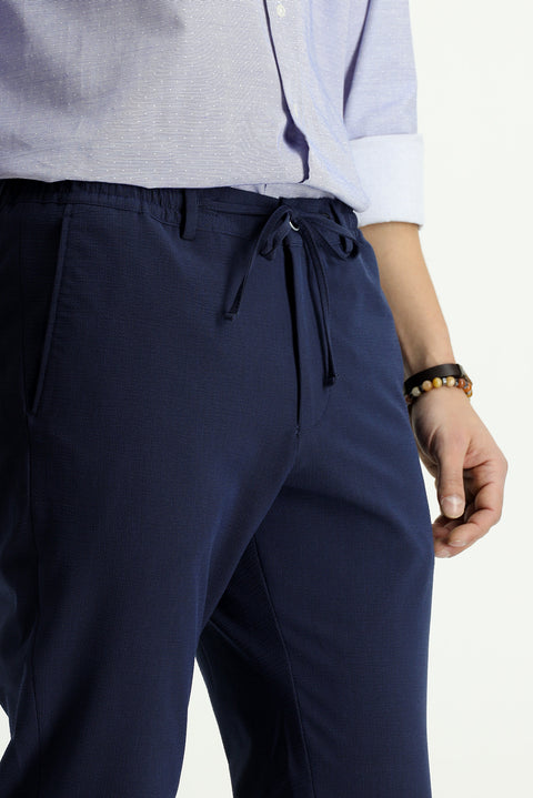 Lacivert 7 Drop Super Slim Fit Eksra Dar Kesim Beli Lastikli İpli Gofre Likralı Klasik Kumaş Pantolon