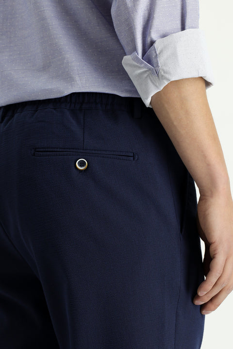 Lacivert 7 Drop Super Slim Fit Eksra Dar Kesim Beli Lastikli İpli Gofre Likralı Klasik Kumaş Pantolon