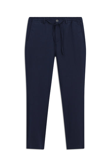 Lacivert Super Slim Fit Ekstra Dar Kesim Beli Lastikli İpli Gofre Likralı Klasik Kumaş Pantolon