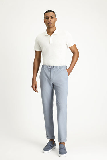 Açık Mavi Super Slim Fit Ekstra Dar Kesim Beli Lastikli İpli Gofre Likralı Klasik Kumaş Pantolon