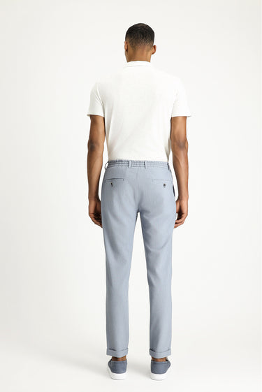 Açık Mavi Super Slim Fit Ekstra Dar Kesim Beli Lastikli İpli Gofre Likralı Klasik Kumaş Pantolon