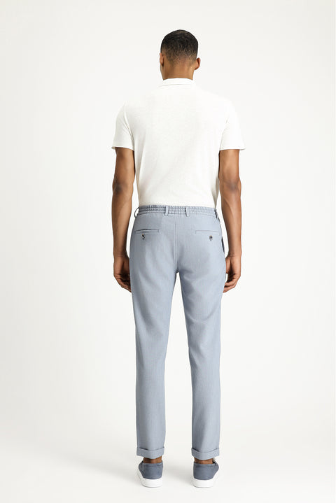 Açık Mavi 7 Drop Super Slim Fit Eksra Dar Kesim Beli Lastikli İpli Gofre Likralı Klasik Kumaş Pantolon