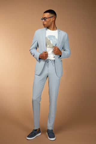  Açık Mavi 7 Drop Super Slim Fit Eksra Dar Kesim Beli Lastikli İpli Gofre Likralı Klasik Kumaş Pantolon