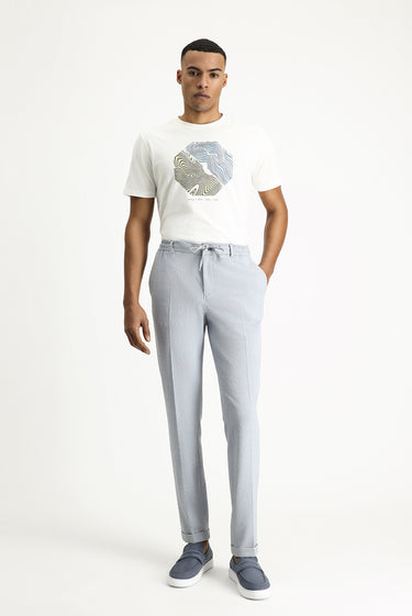 Açık Mavi Super Slim Fit Ekstra Dar Kesim Beli Lastikli İpli Gofre Likralı Klasik Kumaş Pantolon