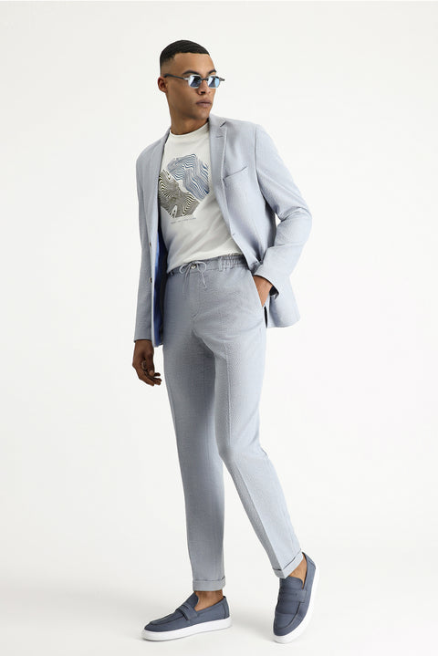 Açık Mavi 7 Drop Super Slim Fit Eksra Dar Kesim Beli Lastikli İpli Gofre Likralı Klasik Kumaş Pantolon