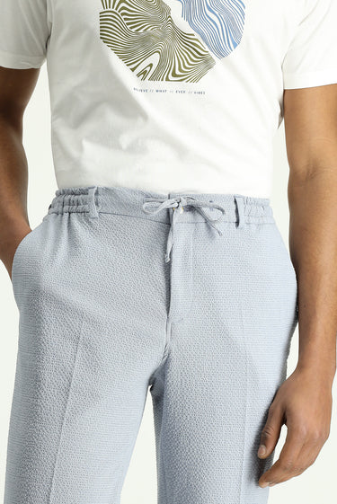 Açık Mavi Super Slim Fit Ekstra Dar Kesim Beli Lastikli İpli Gofre Likralı Klasik Kumaş Pantolon