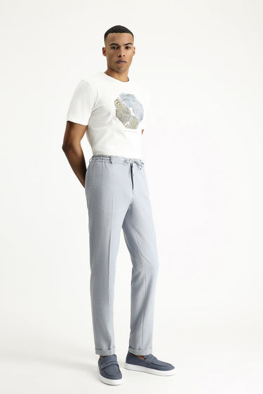 Açık Mavi Super Slim Fit Ekstra Dar Kesim Beli Lastikli İpli Gofre Likralı Klasik Kumaş Pantolon