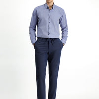Gök Mavisi Super Slim Fit Ekstra Dar Kesim Beli Lastikli İpli Gofre Likralı Klasik Kumaş Pantolon