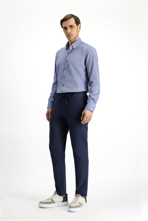 Gök Mavisi 7 Drop Super Slim Fit Eksra Dar Kesim Beli Lastikli İpli Gofre Likralı Klasik Kumaş Pantolon