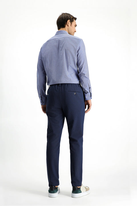 Gök Mavisi 7 Drop Super Slim Fit Eksra Dar Kesim Beli Lastikli İpli Gofre Likralı Klasik Kumaş Pantolon