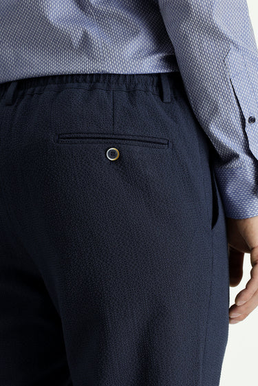 Gök Mavisi Super Slim Fit Ekstra Dar Kesim Beli Lastikli İpli Gofre Likralı Klasik Kumaş Pantolon