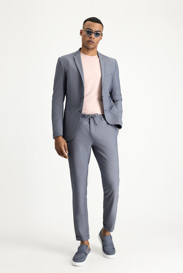 Havacı Mavi Super Slim Fit Ekstra Dar Kesim Beli Lastikli İpli Gofre Likralı Klasik Kumaş Pantolon