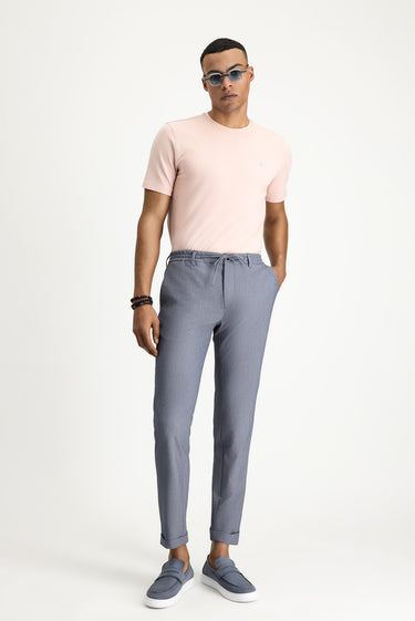 Havacı Mavi Super Slim Fit Ekstra Dar Kesim Beli Lastikli İpli Gofre Likralı Klasik Kumaş Pantolon