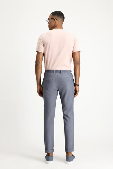 Havacı Mavi Super Slim Fit Ekstra Dar Kesim Beli Lastikli İpli Gofre Likralı Klasik Kumaş Pantolon