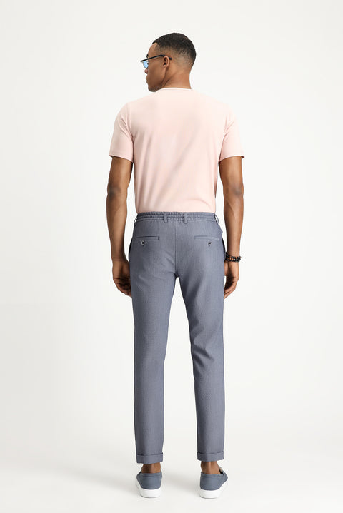 Havacı Mavi 7 Drop Super Slim Fit Eksra Dar Kesim Beli Lastikli İpli Gofre Likralı Klasik Kumaş Pantolon