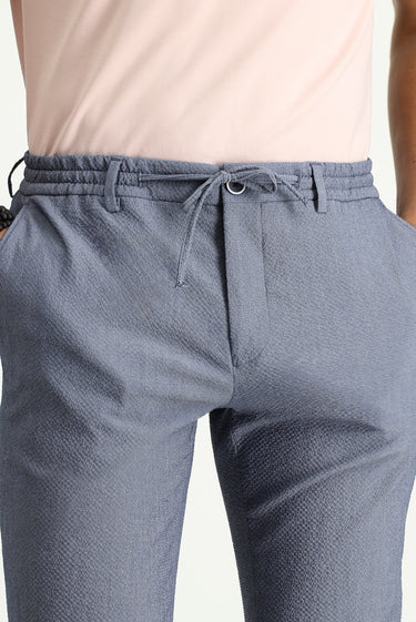 Havacı Mavi Super Slim Fit Ekstra Dar Kesim Beli Lastikli İpli Gofre Likralı Klasik Kumaş Pantolon
