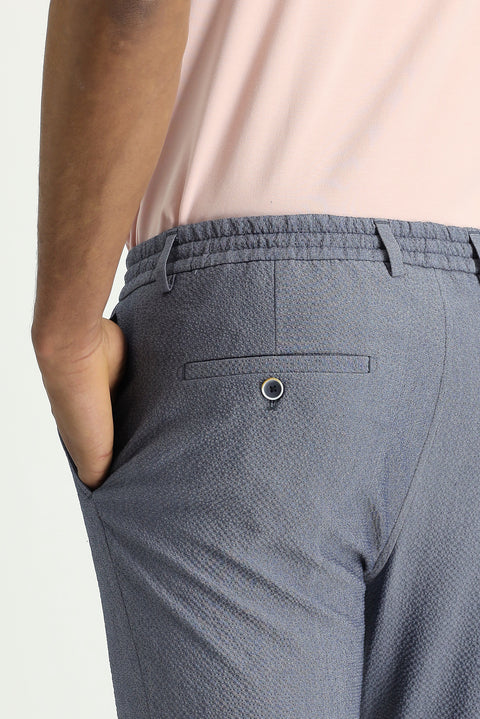 Havacı Mavi 7 Drop Super Slim Fit Eksra Dar Kesim Beli Lastikli İpli Gofre Likralı Klasik Kumaş Pantolon