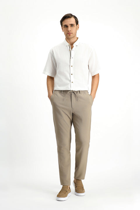 Orta Bej 7 Drop Super Slim Fit Eksra Dar Kesim Beli Lastikli İpli Gofre Likralı Klasik Kumaş Pantolon