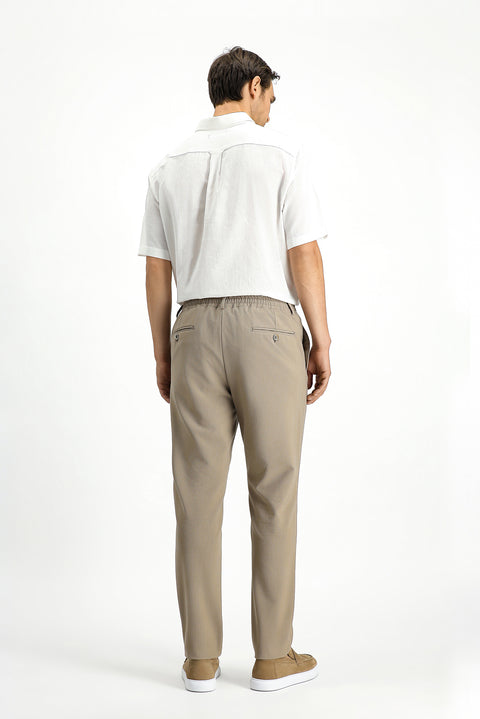 Orta Bej 7 Drop Super Slim Fit Eksra Dar Kesim Beli Lastikli İpli Gofre Likralı Klasik Kumaş Pantolon