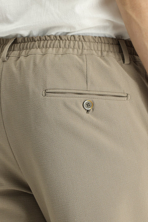 Orta Bej 7 Drop Super Slim Fit Eksra Dar Kesim Beli Lastikli İpli Gofre Likralı Klasik Kumaş Pantolon