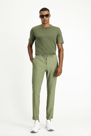  Açık Haki Super Slim Fit Ekstra Dar Kesim Beli Lastikli İpli Gofre Likralı Klasik Kumaş Pantolon